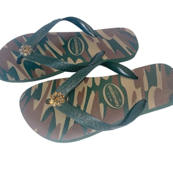 Havaiana’s Green Camo Flip Flops Crystal Adorned EUR 37/8 US 4/5 Pool beach - Picture 4 of 9